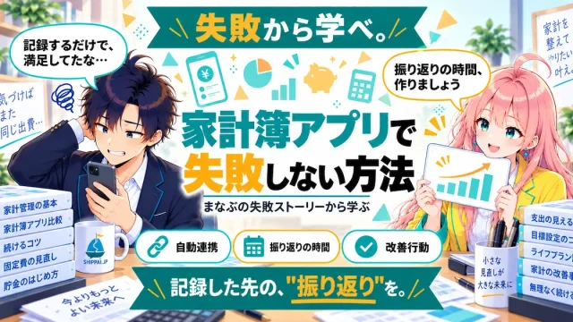 家計簿アプリで失敗しない方法を紹介するSHIPPAI.JPの記事アイキャッチ。まなぶとみらいのイラスト付き