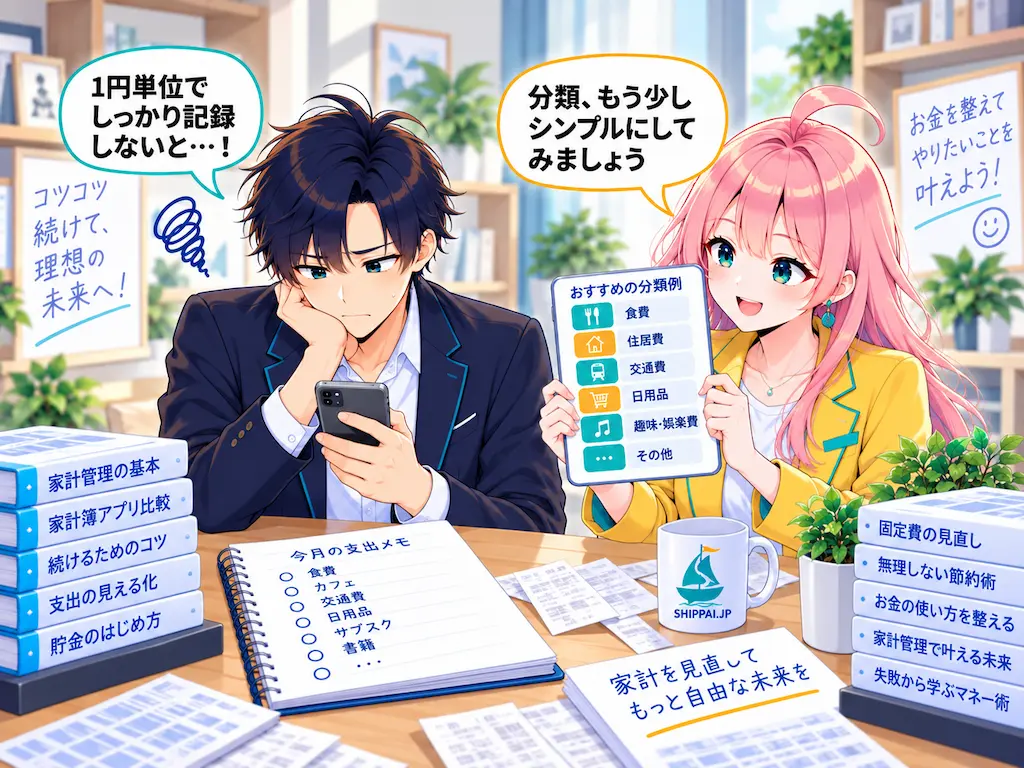 細かく記録するまなぶと、分類の簡略化を提案するみらいのイラスト