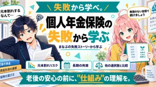 個人年金保険の失敗から学ぶ内容を紹介するSHIPPAI.JPの記事アイキャッチ。まなぶとみらいのイラスト付き