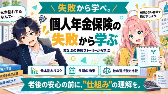 個人年金保険の失敗から学ぶ内容を紹介するSHIPPAI.JPの記事アイキャッチ。まなぶとみらいのイラスト付き