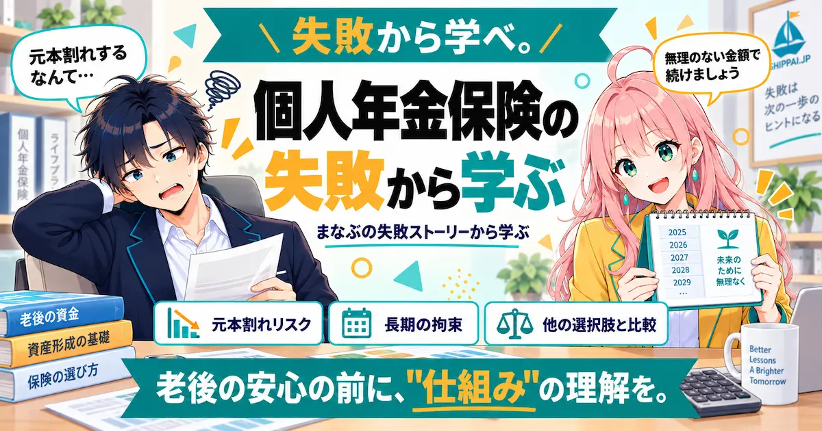 個人年金保険の失敗から学ぶ内容を紹介するSHIPPAI.JPの記事アイキャッチ。まなぶとみらいのイラスト付き