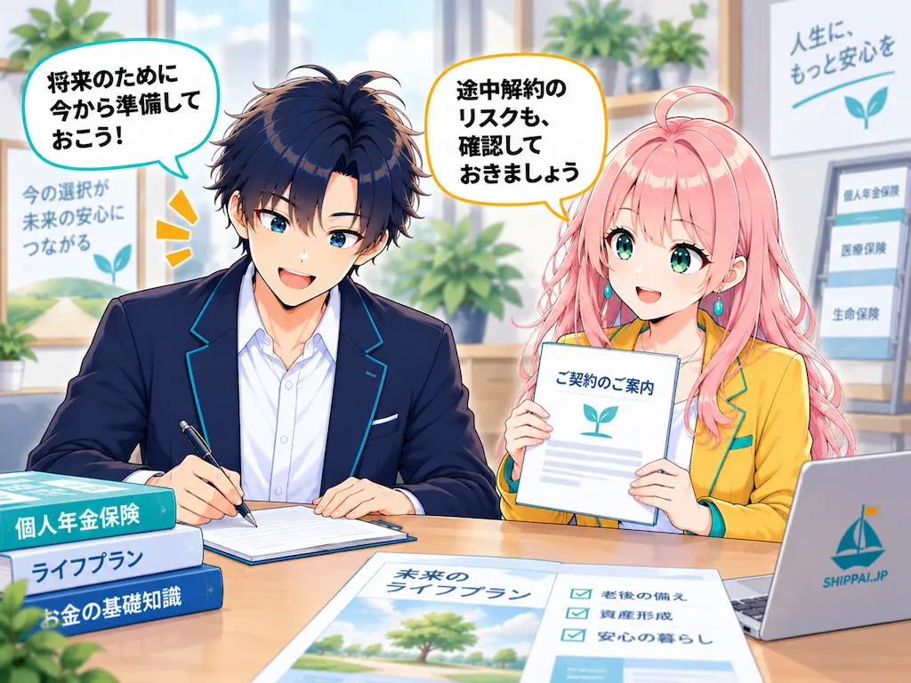 前向きにサインするまなぶと、解約リスクの確認を提案するみらいのイラスト