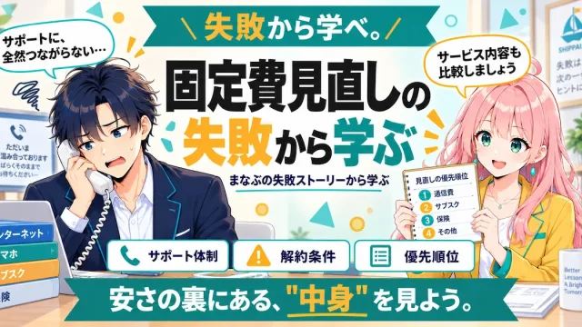 固定費見直しの失敗から学ぶ内容を紹介するSHIPPAI.JPの記事アイキャッチ。まなぶとみらいのイラスト付き