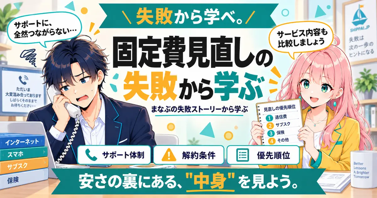 固定費見直しの失敗から学ぶ内容を紹介するSHIPPAI.JPの記事アイキャッチ。まなぶとみらいのイラスト付き