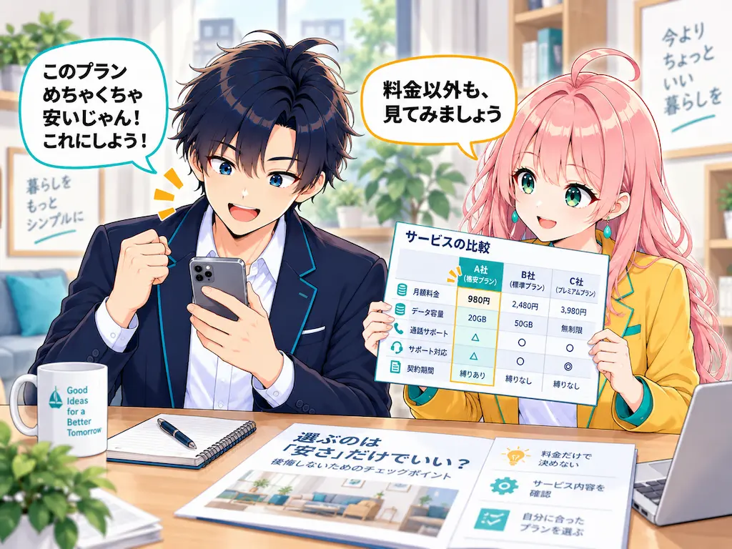 安いプランに満足するまなぶと、サービス内容の比較を提案するみらいのイラスト