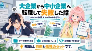 「大企業から中小企業へ転職して失敗した話」を紹介するSHIPPAI.JPの記事アイキャッチ。左でまなぶが一人で困惑し、右でみらいがチェックリストを見せて導くイラスト