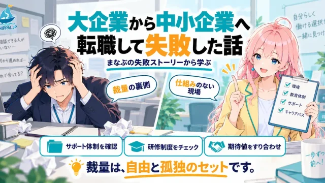 「大企業から中小企業へ転職して失敗した話」を紹介するSHIPPAI.JPの記事アイキャッチ。左でまなぶが一人で困惑し、右でみらいがチェックリストを見せて導くイラスト