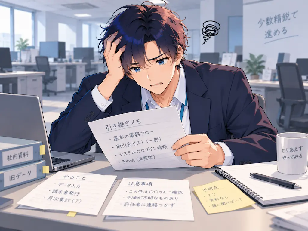 閑散とした中小企業のオフィスで、数枚の引き継ぎメモを見つめ途方に暮れるまなぶの挿絵