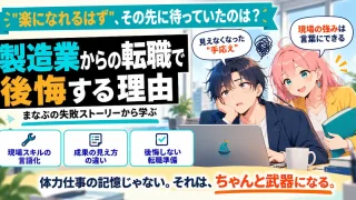 製造業からの転職で後悔する理由を紹介するSHIPPAI.JPの記事アイキャッチ。まなぶとみらいのイラスト付き