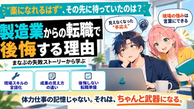 製造業からの転職で後悔する理由を紹介するSHIPPAI.JPの記事アイキャッチ。まなぶとみらいのイラスト付き