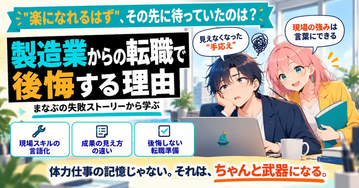 製造業からの転職で後悔する理由を紹介するSHIPPAI.JPの記事アイキャッチ。まなぶとみらいのイラスト付き
