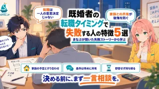 「既婚者の転職タイミングで失敗する人の特徴5選」を紹介するSHIPPAI.JPの記事アイキャッチ。相談者の話を聞くまなぶと、気遣うみらいのイラスト付き
