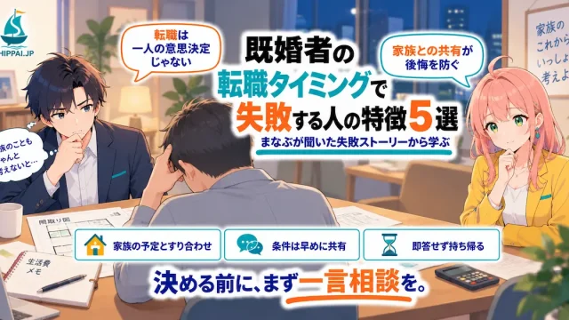 「既婚者の転職タイミングで失敗する人の特徴5選」を紹介するSHIPPAI.JPの記事アイキャッチ。相談者の話を聞くまなぶと、気遣うみらいのイラスト付き