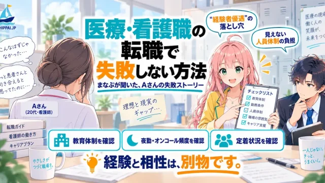 「医療・看護職の転職で失敗しない方法」を紹介するSHIPPAI.JPの記事アイキャッチ。病棟の休憩スペースで相談を聞くまなぶと、チェックリストを手に解説するみらいのイラスト