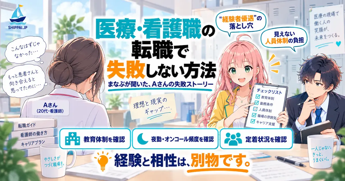 「医療・看護職の転職で失敗しない方法」を紹介するSHIPPAI.JPの記事アイキャッチ。病棟の休憩スペースで相談を聞くまなぶと、チェックリストを手に解説するみらいのイラスト
