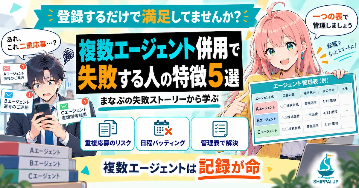 複数エージェント併用で失敗する人の特徴5選を紹介するSHIPPAI.JPの記事アイキャッチ。まなぶとみらいのイラスト付き