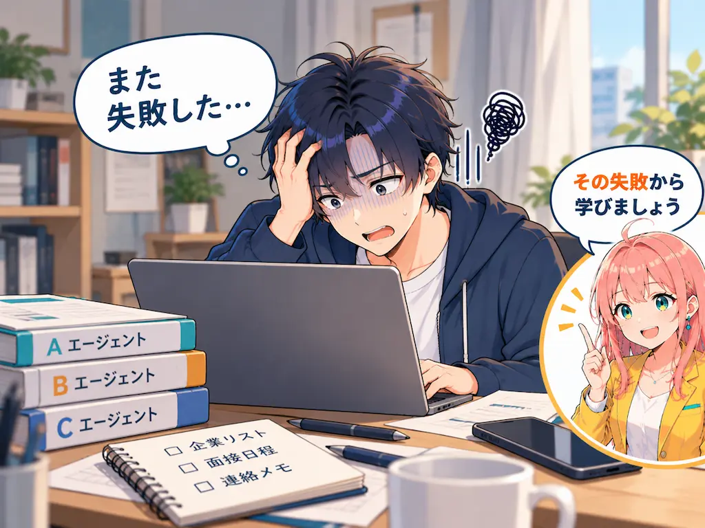 複数エージェント経由の重複応募を指摘するメールを見て青ざめるまなぶ。管理不足による転職活動の失敗を表すイラスト