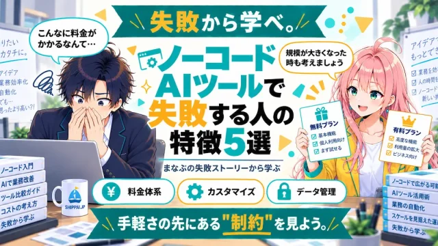 ノーコードAIツールで失敗する人の特徴5選を紹介するSHIPPAI.JPの記事アイキャッチ。まなぶとみらいのイラスト付き