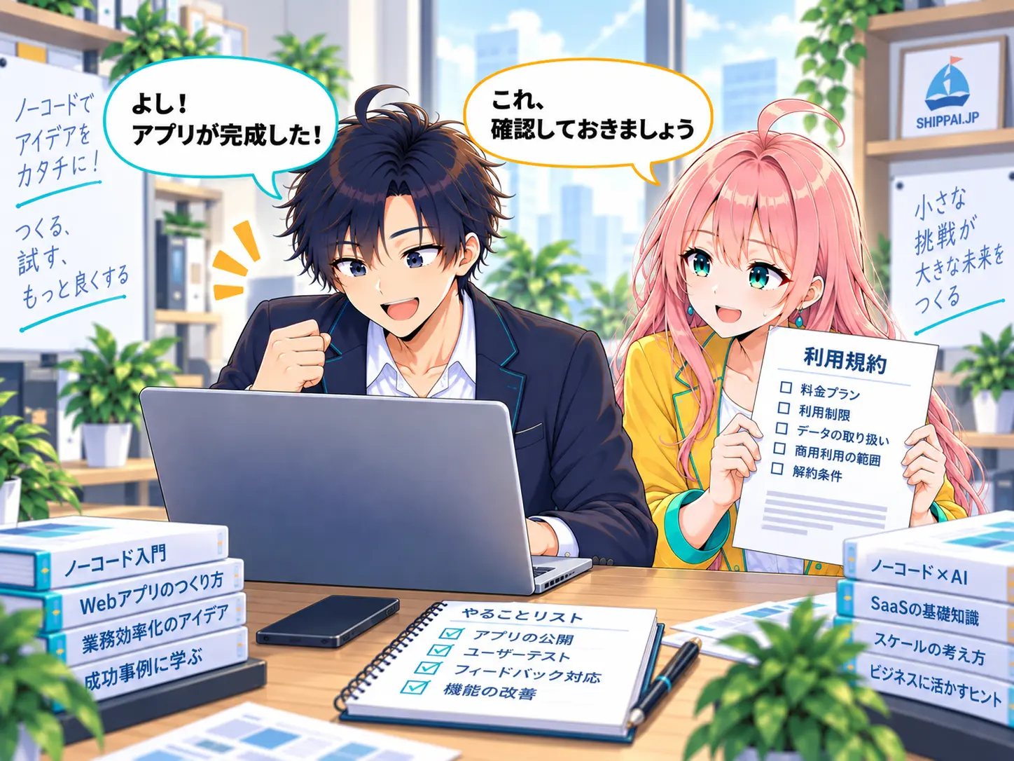 完成したアプリに満足するまなぶと、料金規約の確認を提案するみらいのイラスト