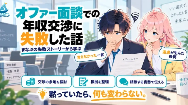 「オファー面談での年収交渉に失敗した話」を紹介するSHIPPAI.JPの記事アイキャッチ。オファーレターを手に言葉を飲み込むまなぶを、みらいが心配そうに見つめるイラスト
