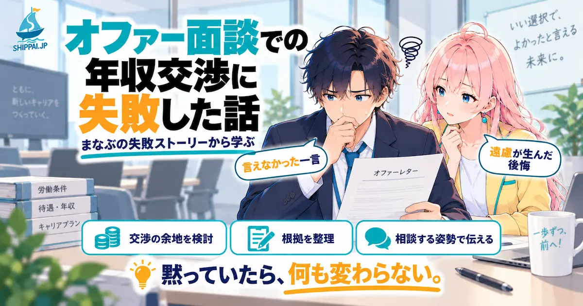 「オファー面談での年収交渉に失敗した話」を紹介するSHIPPAI.JPの記事アイキャッチ。オファーレターを手に言葉を飲み込むまなぶを、みらいが心配そうに見つめるイラスト