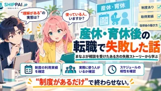 産休・育休後の転職で失敗した話を紹介するSHIPPAI.JPの記事アイキャッチ。まなぶとみらいのイラスト付き