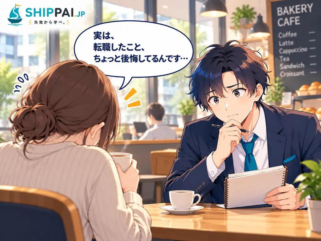 ベーカリーカフェでAさんの転職の後悔を聞くまなぶのイラスト。相談者は後ろ姿で描写