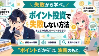 ポイント投資で失敗しない方法を紹介するSHIPPAI.JPの記事アイキャッチ。まなぶとみらいのイラスト付き
