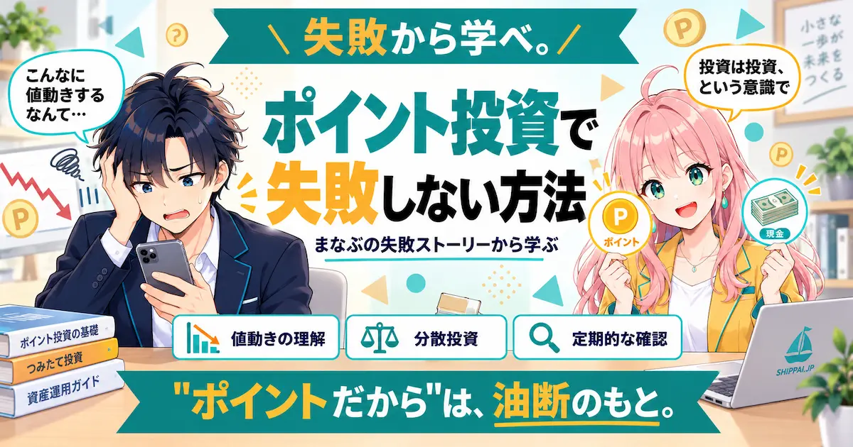 ポイント投資で失敗しない方法を紹介するSHIPPAI.JPの記事アイキャッチ。まなぶとみらいのイラスト付き