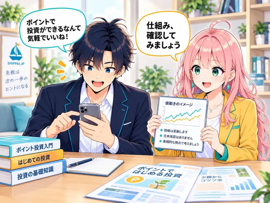 気軽にポイント投資を始めるまなぶと、仕組みの確認を提案するみらいのイラスト