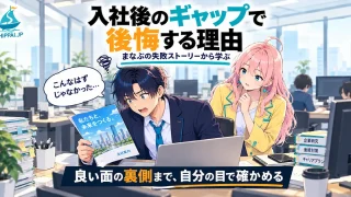 入社後のギャップで後悔する理由を紹介するSHIPPAI.JPの記事アイキャッチ。パンフレットと現実のオフィスを見比べ愕然とするまなぶのイラスト付き