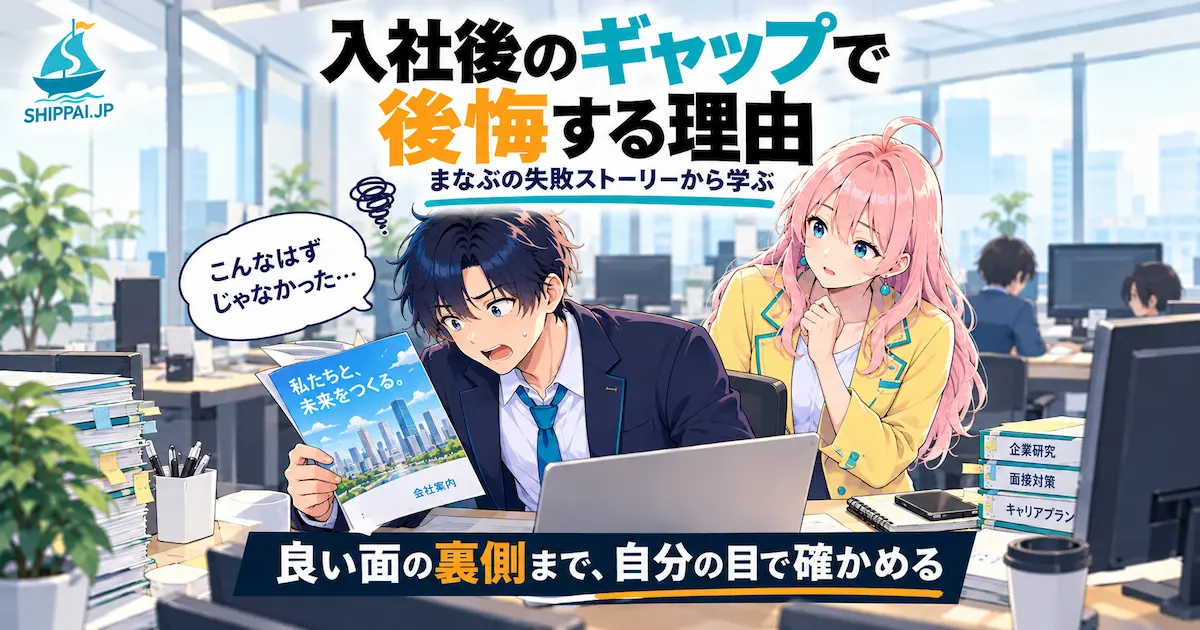 入社後のギャップで後悔する理由を紹介するSHIPPAI.JPの記事アイキャッチ。パンフレットと現実のオフィスを見比べ愕然とするまなぶのイラスト付き