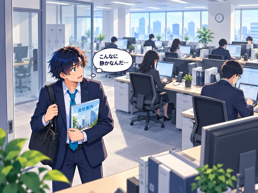 入社初日、静まり返ったオフィスの空気に戸惑うまなぶ。入社後のギャップを表すイラスト