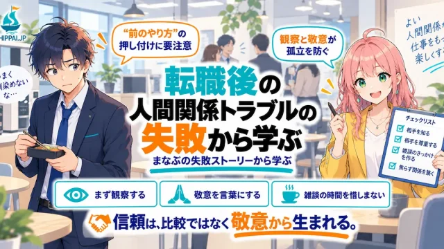 「転職後の人間関係トラブルの失敗から学ぶ」を紹介するSHIPPAI.JPの記事アイキャッチ。一人で立ち尽くすまなぶと、解説するみらいのイラスト