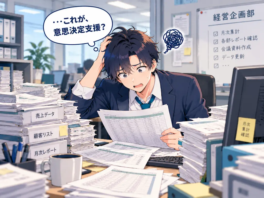 山積みのExcel資料を前に、想像と違う仕事内容に呆然とするまなぶのイラスト