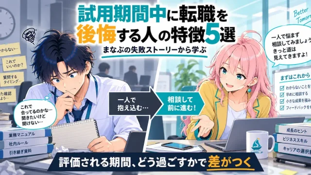 試用期間中に転職を後悔する人の特徴5選を紹介するSHIPPAI.JPの記事アイキャッチ。分からないことを抱え込むまなぶと、背中を押すみらいの対比イラスト付き