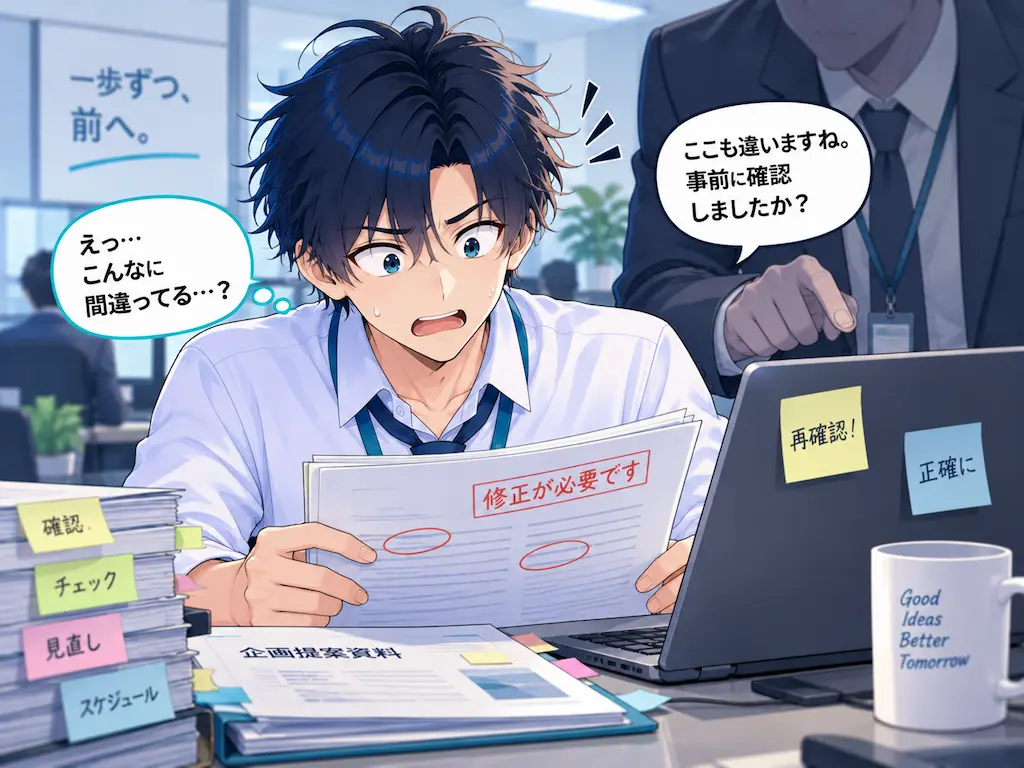 資料の誤りを指摘され青ざめるまなぶと、背後にたたずむ同僚のシルエット。試用期間中の後悔を表すイラスト