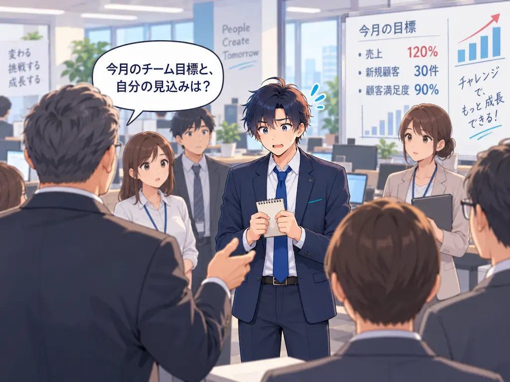 朝礼で「今月の数字目標は?」と聞かれ、答えに詰まって固まるまなぶの挿絵