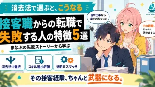 接客職からの転職で失敗する人の特徴5選を紹介するSHIPPAI.JPの記事アイキャッチ。まなぶとみらいのイラスト付き