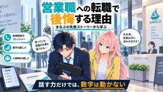 営業職への転職で後悔する理由を紹介するSHIPPAI.JPの記事アイキャッチ。肩を落とすまなぶと、励ますみらいのイラスト付き
