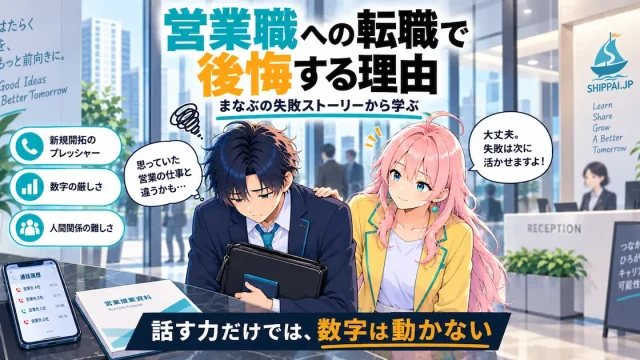 営業職への転職で後悔する理由を紹介するSHIPPAI.JPの記事アイキャッチ。肩を落とすまなぶと、励ますみらいのイラスト付き