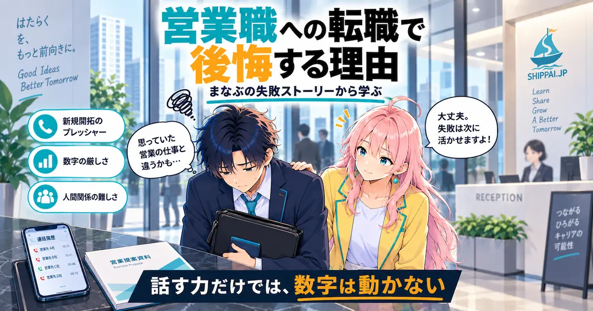 営業職への転職で後悔する理由を紹介するSHIPPAI.JPの記事アイキャッチ。肩を落とすまなぶと、励ますみらいのイラスト付き