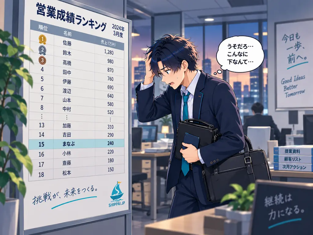 営業成績ランキングボードの前で自分の順位に愕然とするまなぶ。営業職転職の後悔を表すイラスト