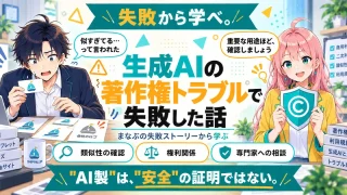 生成AIの著作権トラブルで失敗した話を紹介するSHIPPAI.JPの記事アイキャッチ。まなぶとみらいのイラスト付き