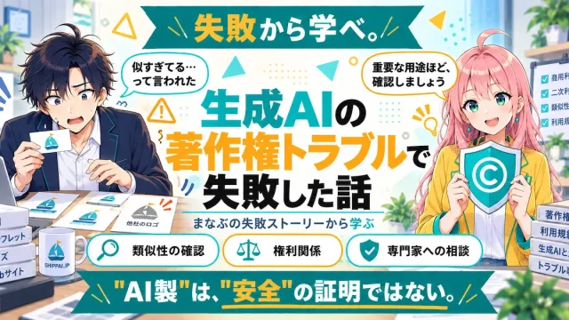 生成AIの著作権トラブルで失敗した話を紹介するSHIPPAI.JPの記事アイキャッチ。まなぶとみらいのイラスト付き