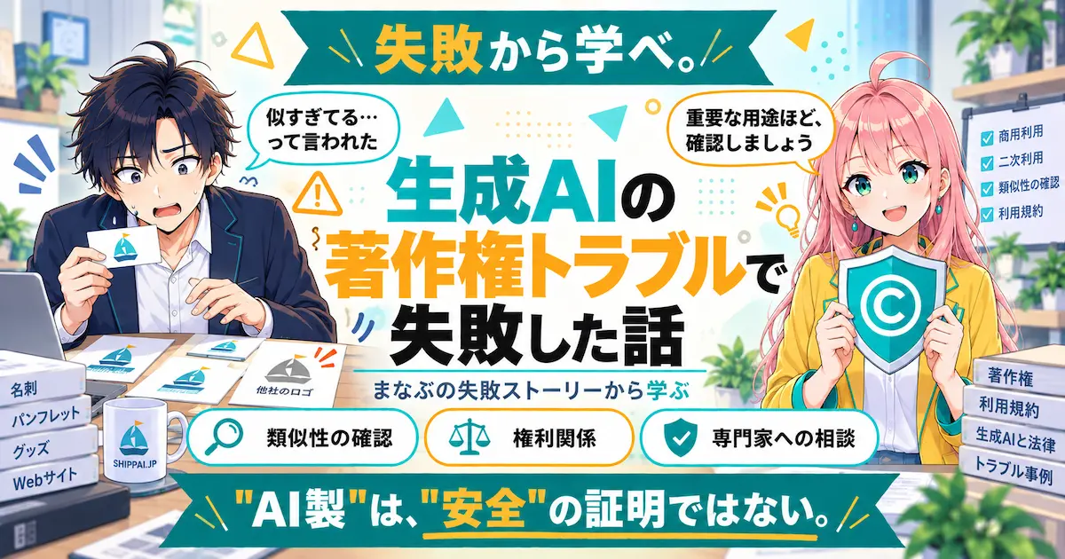 生成AIの著作権トラブルで失敗した話を紹介するSHIPPAI.JPの記事アイキャッチ。まなぶとみらいのイラスト付き