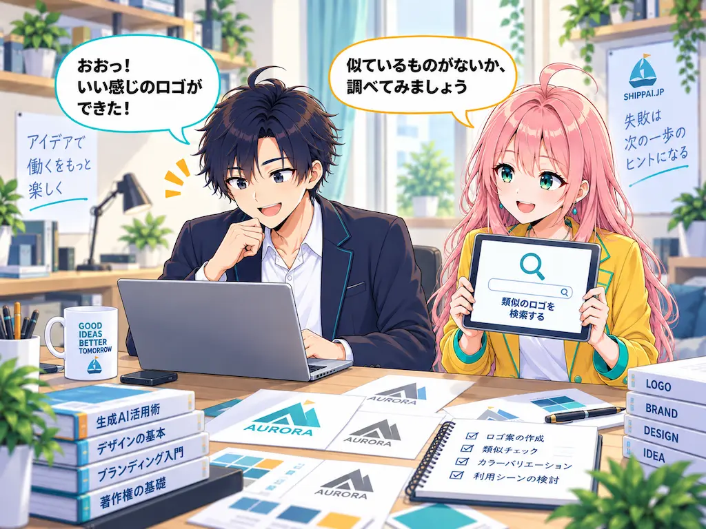 生成したロゴに満足するまなぶと、検索アイコンを示しながら確認を提案するみらいのイラスト