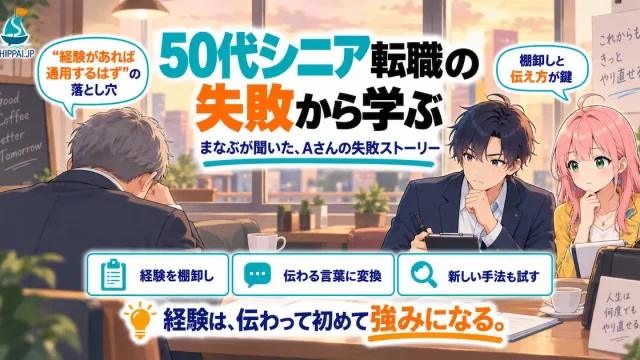 「50代シニア転職の失敗から学ぶ」を紹介するSHIPPAI.JPの記事アイキャッチ。夕方の喫茶店で相談を聞くまなぶと、心配そうに見つめるみらいのイラスト