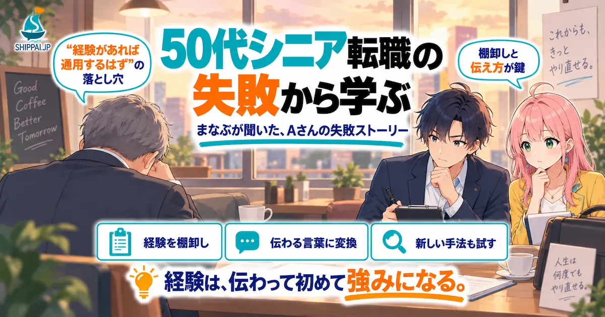 「50代シニア転職の失敗から学ぶ」を紹介するSHIPPAI.JPの記事アイキャッチ。夕方の喫茶店で相談を聞くまなぶと、心配そうに見つめるみらいのイラスト