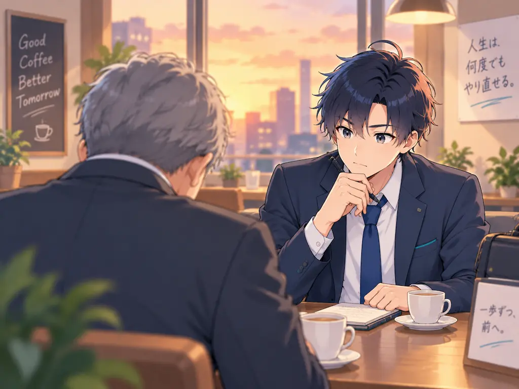 夕方の喫茶店で、うつむき加減に話す相談者の背中越しに、真剣な表情で耳を傾けるまなぶの挿絵